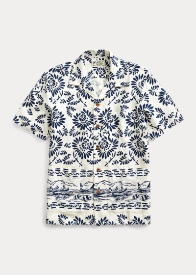 Camisa Ralph Lauren Hombre Creme Azules - Print Linen Camp - FCKDO1037